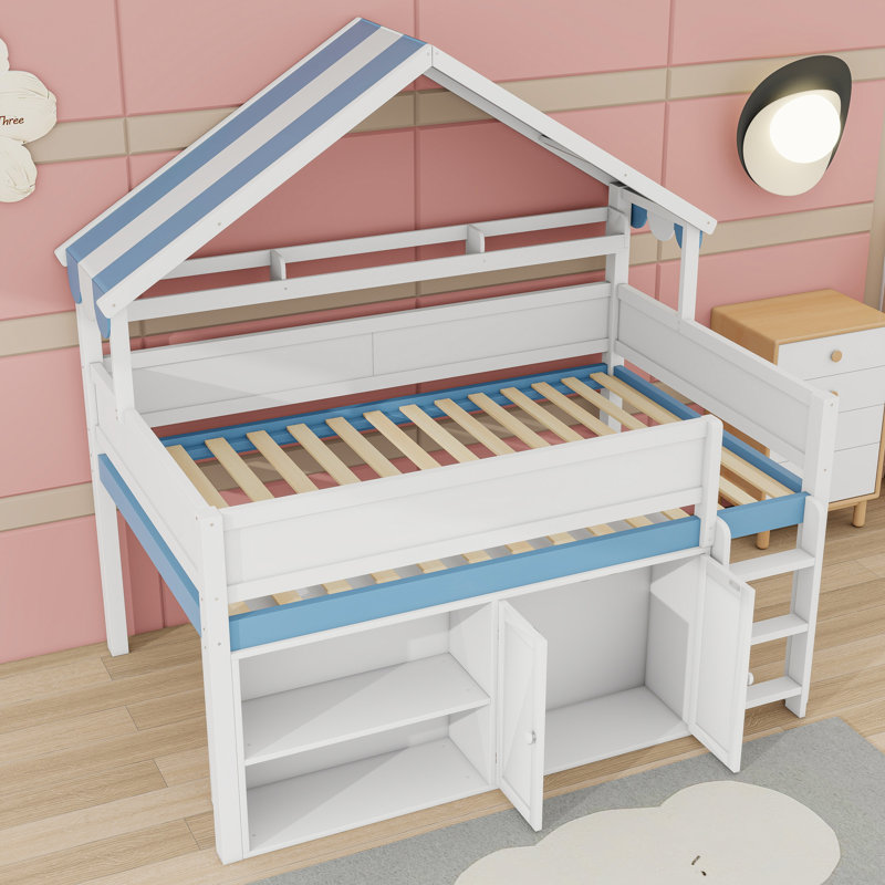 Lit mezzanine double avec toit, armoire, tablettes et garde-corps, Bleu