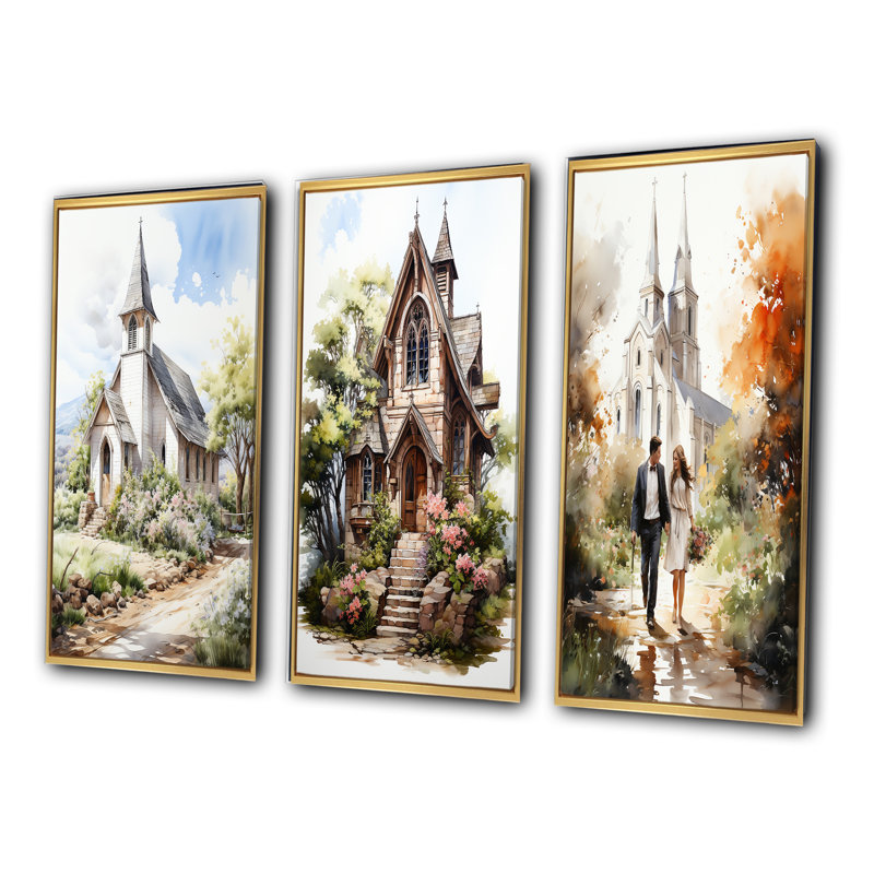 «White Wedding Chapel Rustic Spring Watercolor», ensemble de 3 impressions, Cadre flottant doré, H 32 po x l 48 po