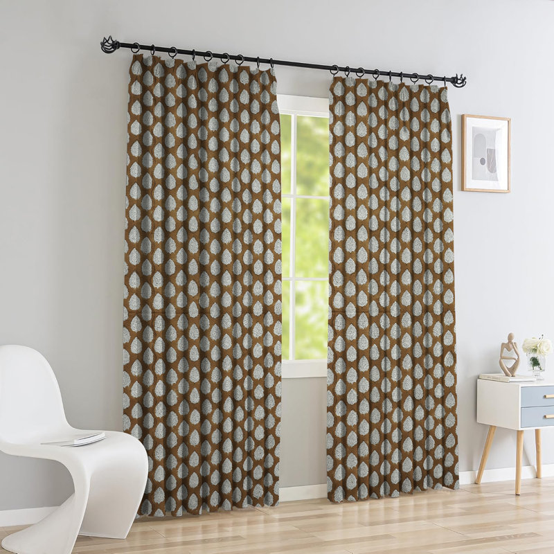 Fabdivine Brown Elegant Floral Block Print Hook Curtains 27x29 Inches, Soft Thick Cotton White Pleated Pinch Drapes for Home, Office, Window, Stylish Room Darkening, Betal Leaf