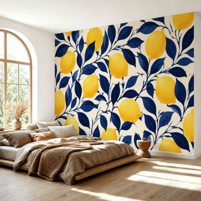 Wall Mural Peel and Stick Wallpaper Fruit seamless pastel lemons blue leaves bright yellow Self-Adhesive Removable Contact Paper Wall Decor for Living Room Bedroom 69"H x 96"W