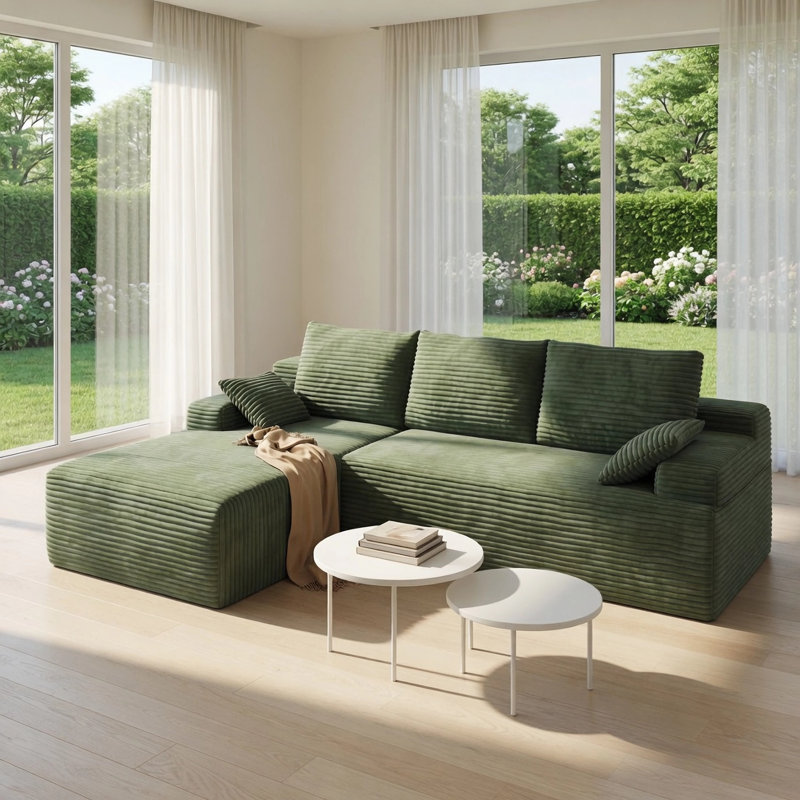 Boneless 104" 2-Piece Compression Boneless Corduroy L-Shaped Modular Sectional Sofa, No Assembly Required, Green