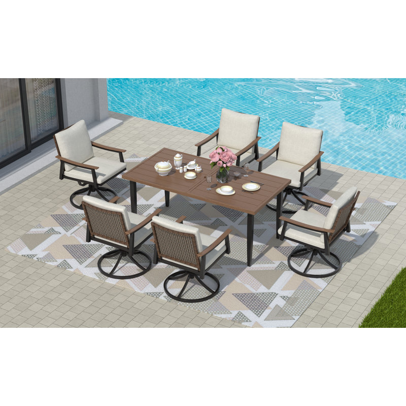 Ensemble de table de salle à manger d'extérieur 7 pièces avec 6 chaises pivotantes et berçantes en rotin