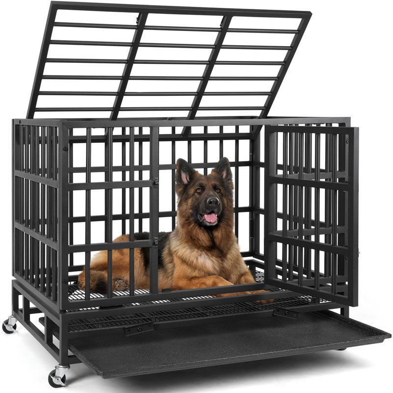 Heavy Duty Indestructible Dog Crate, Steel Escape Proof Dog Cage Kennel for High Anxiety Dogs, with Lockable Wheels and Removable Tray, for Medium Large Dogs