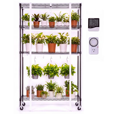Denishia 35.4"W x 59"H 4-Tier Indoor Greenhouse with Grow Light, Built-in Timer & Thermo-Hygrometer, Full Spectrum Plant LED Lights, Portable Metal Plant Stand Tent, Thermometer for Seed Starting