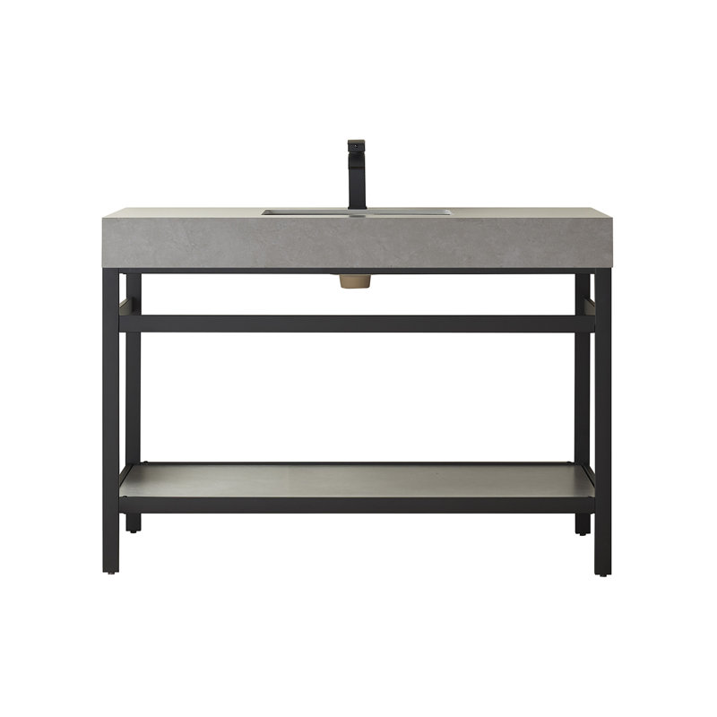 48'' Single Bathroom Vanity with Stone Top, Matte Black, Matte Black, Snow Mountain White
