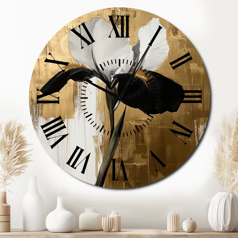 Horloge murale ronde en métal à motif floral Iris in Regal Light -, Surdimensionné