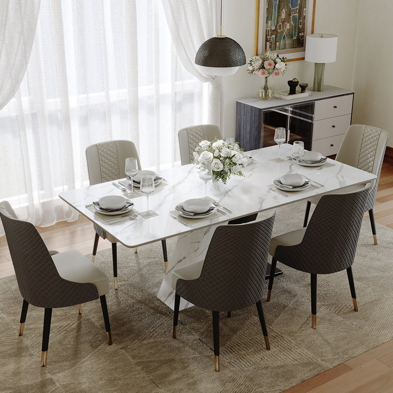 Ensemble de table de salle à manger moderne pour 6 personnes, table de salle à manger en pierre frittée blanche avec chaises rembourrées en polyuréthane
