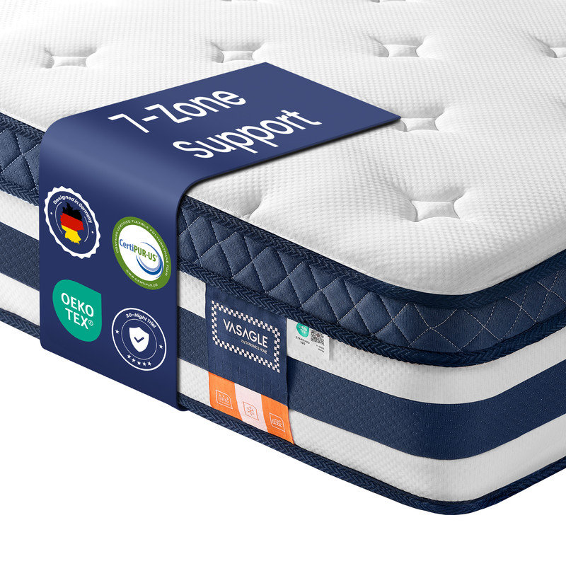 Pocket Sprung Mattress with Cooling Gel Memory Foam, 7-Zone Support, Blue, 140 x 190cm