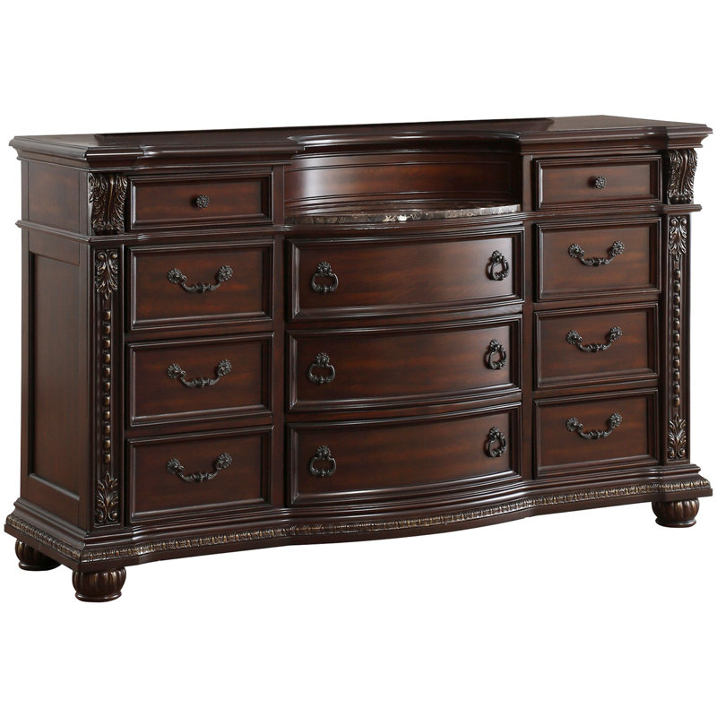 Commode de luxe 1 pièce à finition cerisier foncé avec 11 tiroirs avec insert en marbre véritable et basculement doré