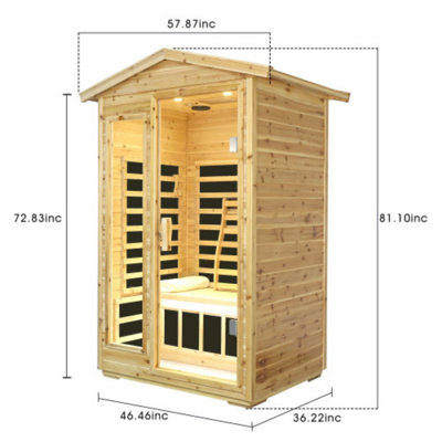 Sauna infrarouge extérieur pour 2 personnes, cabine de sauna en bois de sapin massif avec 6 panneaux chauffants, chauffage 1750W, commande tactile LCD, audio Bluetooth et éclairage ambiant à DEL