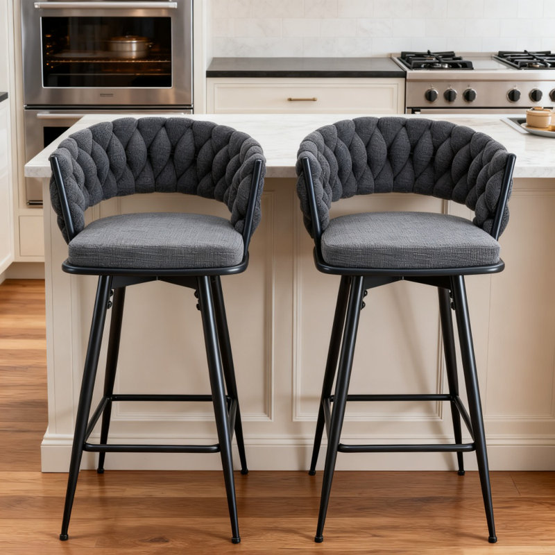 Ensemble de 2 tabourets de bar pivotants, coussins en lin gris foncé, structure en métal noir, hauteur comptoir / bar | Idée de cadeau