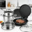 Batterie de cuisine hybride en acier inoxydable à trois couches avec panier à vapeur - - Casseroles et poêles allant au four et au lave-vaisselle