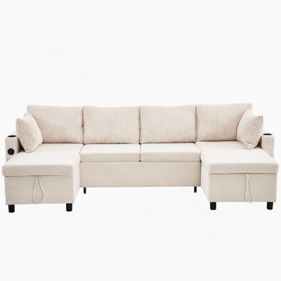 113.4-Inch Sectional Sofa Bed With Storage, USB Ports And Cup Holders For Modern Living Rooms.