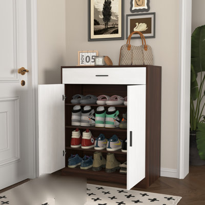 Wooden Shoe Storage Cabinet, 4 With 2 Doors, Freestanding For Office, Spacious Interior, Classic Design Cabinet 1 Drawer, Entryway Hallway, Adjustable Shelves, Walnut Color