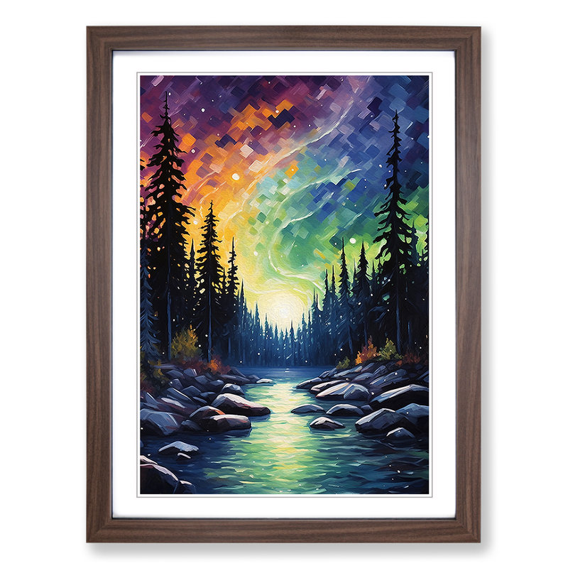Northern Lights Impressionism - Single Picture Frame Print on Wood, 46cm H x 34cm W x 2cm D, Walnut