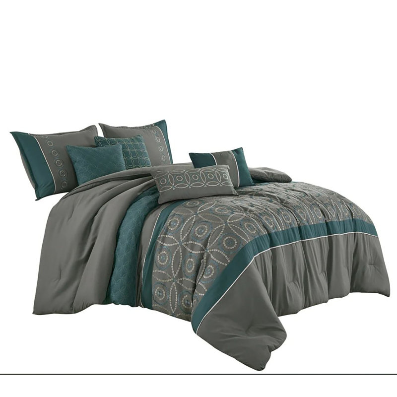 Ensemble d'édredon 7 pièces brodé gris et gris, Édredon grand et 6 pièces supplémentaires