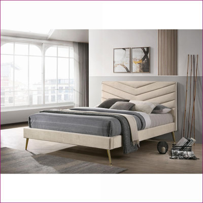 Lit tapissier beige très grand Eastern - tête de lit capitonnée moderne Mid-Century Pieds dorés pour la chambre principale