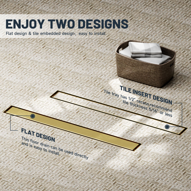 24" 304 Stainless Steel Linear Drain For Fast Drainage, Floor Drain For Bathroom In Brushed Gold, Brushed Gold