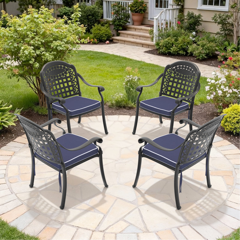 Chaise de patio en aluminium 4 pièces avec cadre noir et coussins bleus