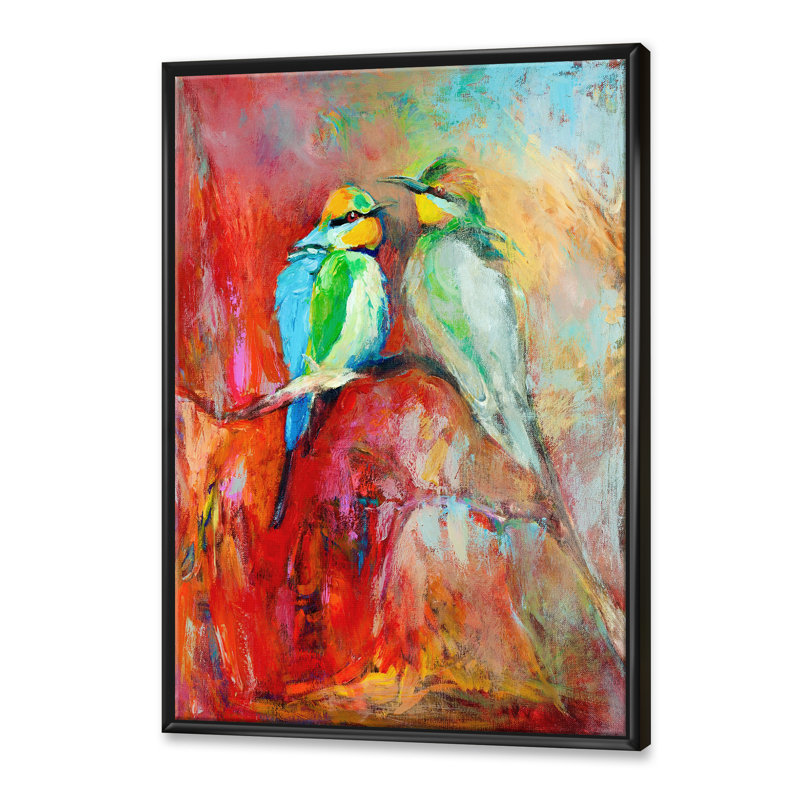 «Blue Tailed Bee Eaters on a Branch», peinture sur toile, H 32 po x l 16 po x P 1 po, Cadre flottant noir