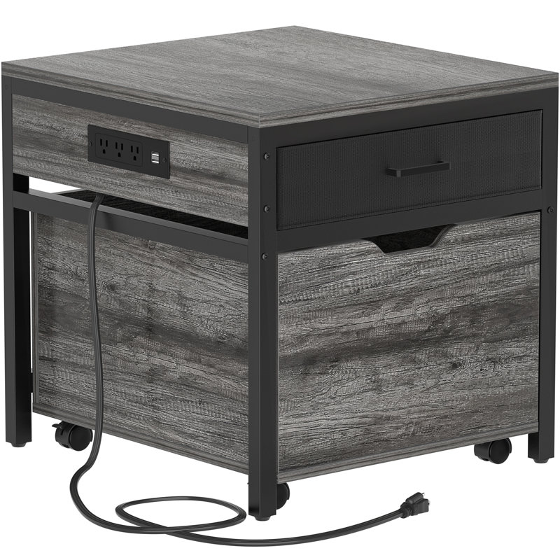 Mini Fridge Stand With Drawer Storage, Power Outlet  And Lockable Wheels, Gray Oak