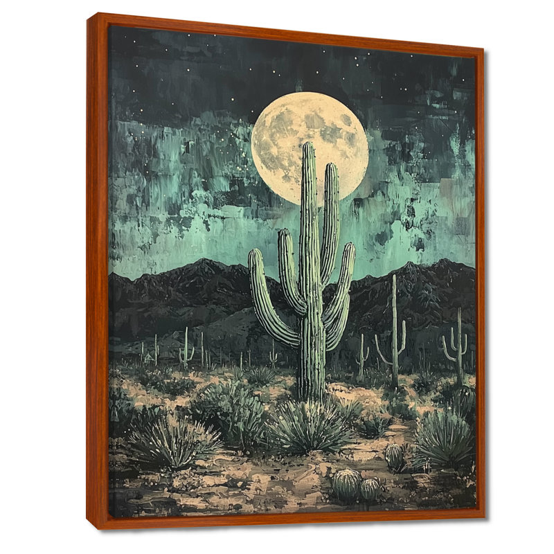 Cactus Marsicano au clair de lune II - décoration murale cactus, H 44 po x l 34 po, Reproduction avec cadre flottant, Brun