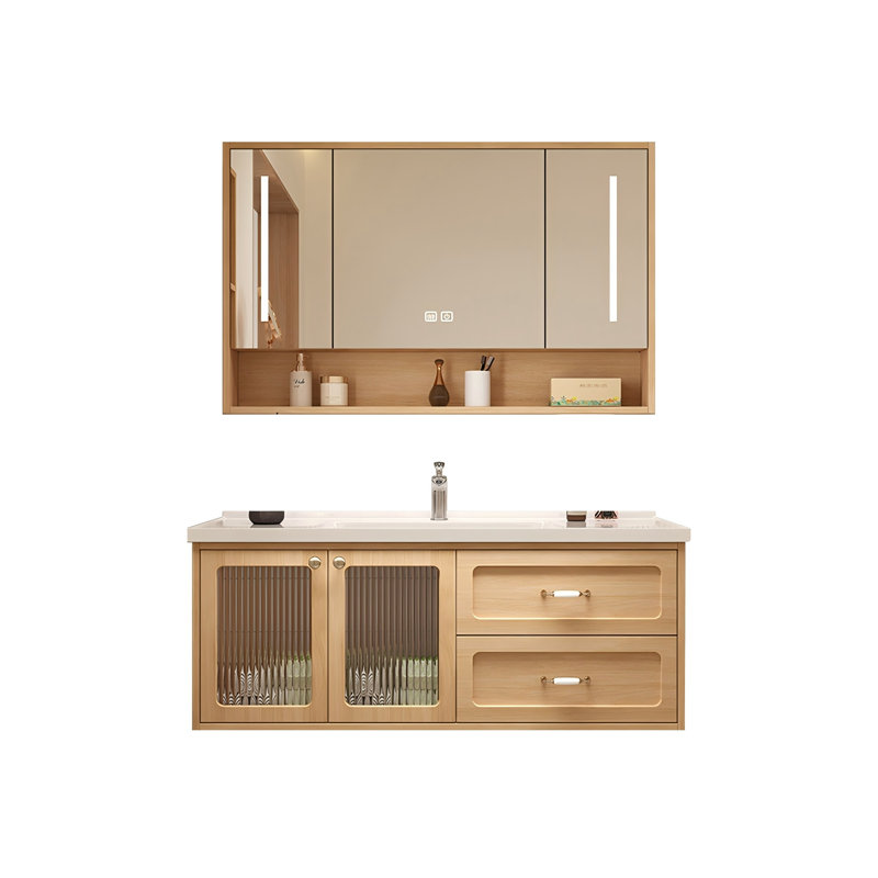 Meuble-lavabo mural en bois d'hévéa massif, de style bois naturel, avec lavabo en céramique intégré et armoire à miroir intelligent
