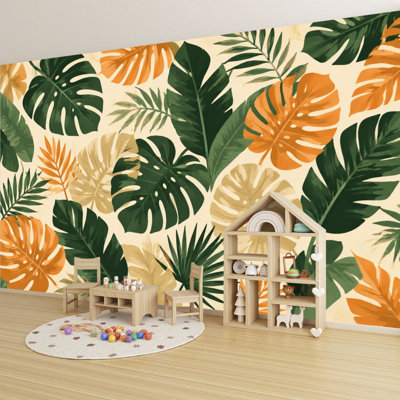 Papier peint adhésif auto-adhésif moderne pour la chambre à coucher Peel and Stick L 69 po x l 96 po avec motif de feuilles de bananier tropical vert orange
