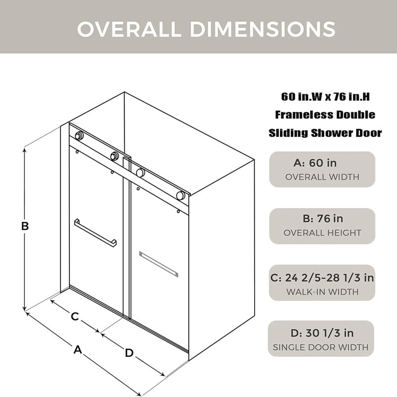 Porte de douche coulissante sans cadre de 56 à 60 po x H 76 po avec verre trempé transparent de 5/16 po