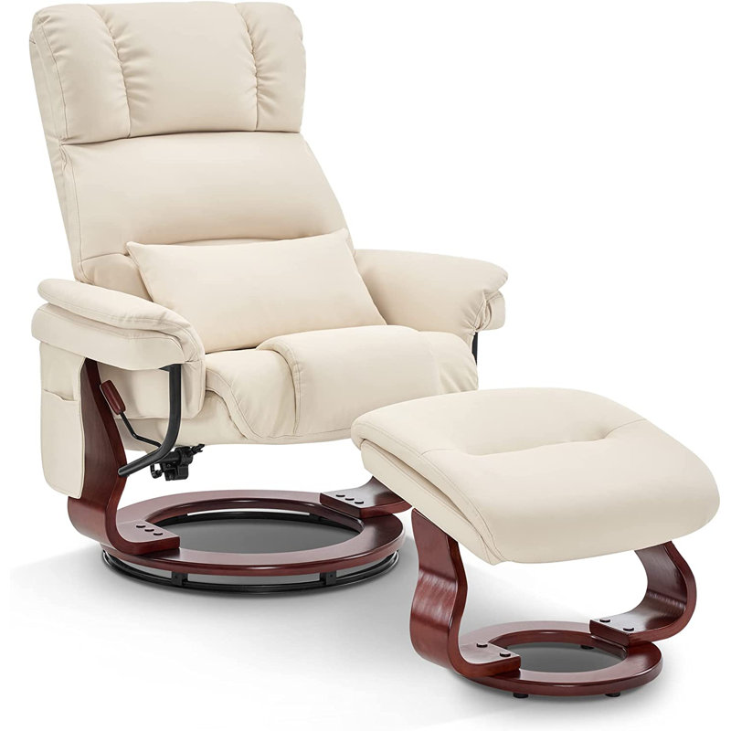 Swivel Recliners with Ottoman, Reclining TV Chairs with Vibration, Faux Leather Lounge Chair, Cream White Faux Leather