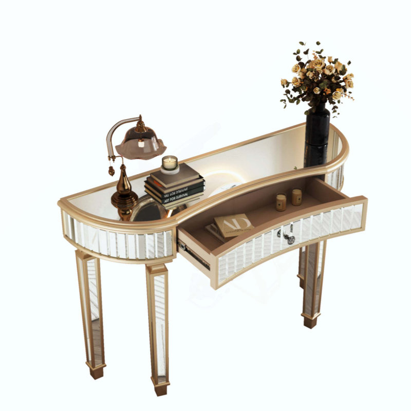 Half-Moon Mirrored Console Table With Fluted Glass & Crystal Knob Drawer - Silver Entryway Vanity Desk For Bedroom/Dressing Room