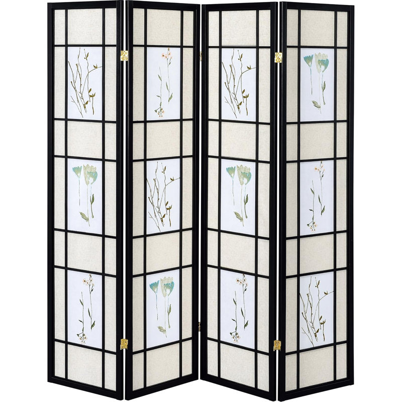 Paravent en pin avec motif floral charmant - cadre noir, transformation de la pièce
