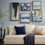 5, art mural abstrait avec toiles bleues, grises et jaunes et magnifiques toiles, 5 en bronze