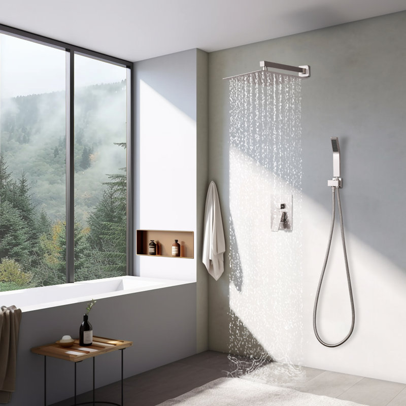 Complete Shower System With Rough-In Valve with 12 Inches Rain Shower Head, Brushed Nickel