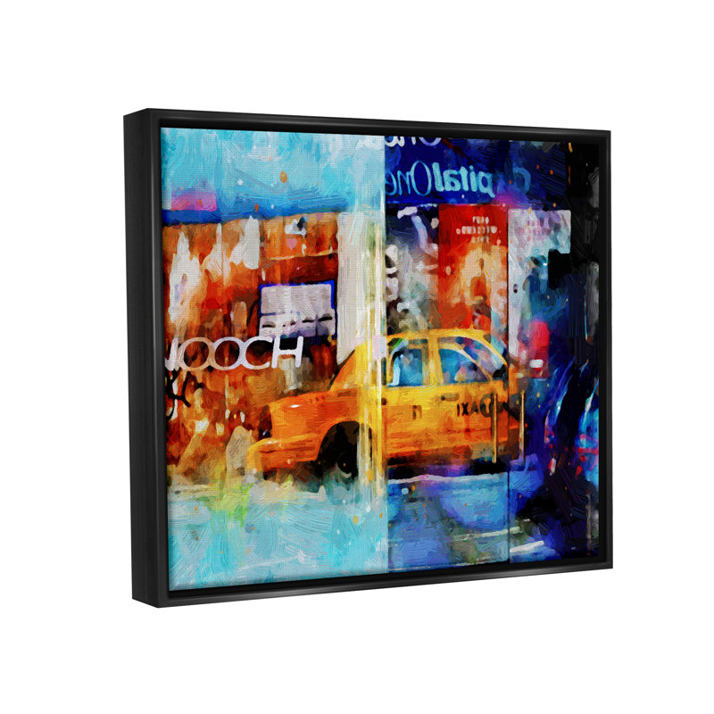 Impression moderne sur un collage de taxis sur bois, H 25 po x l 31 po x P 1,7 po, Cadre flottant noir de jais