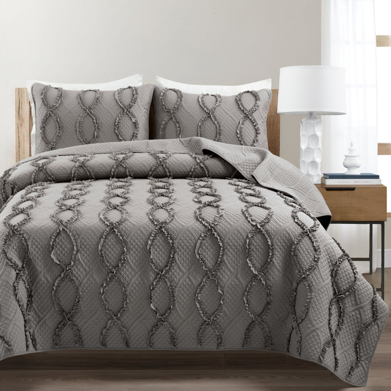  Microfiber 3 Piece Quilt Set, King Quilt + 2 Standard Shams, Dark Gray