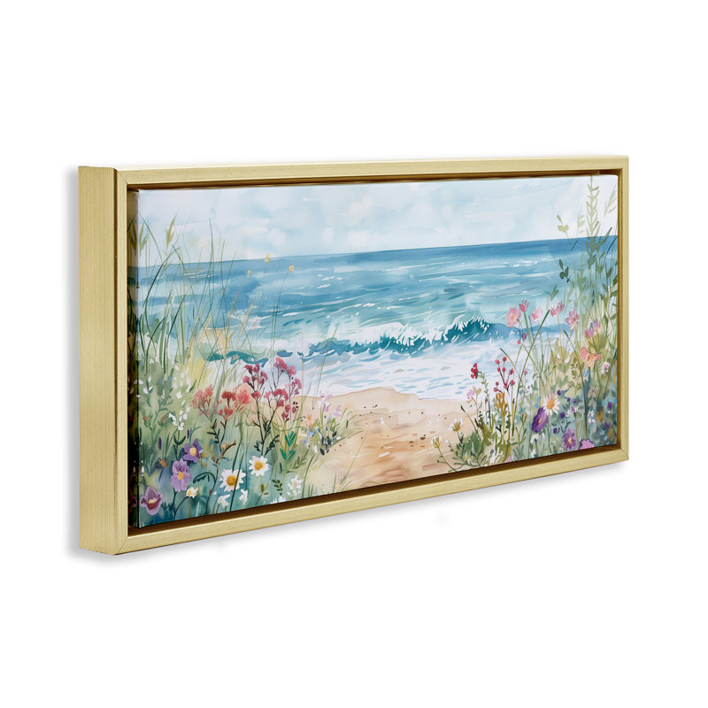 Cadre flottant Wildflower Seascape Beach, design par Heidi Kuntz, Cadre flottant métallique doré, H 14 po x l 31 po
