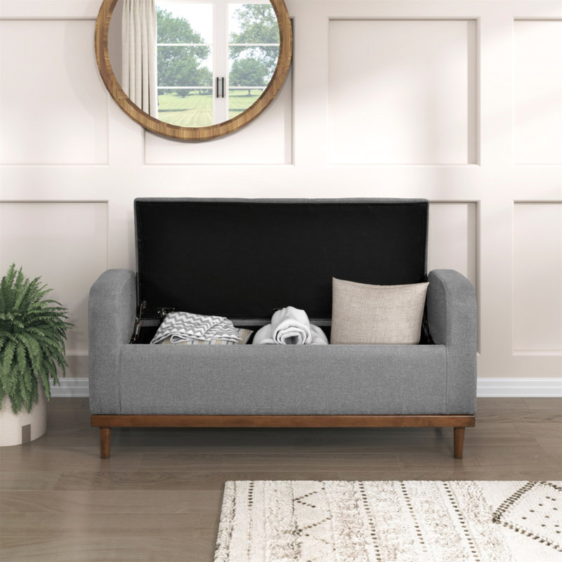 Mid-Century Modern Lift Top Storage Bench 1Pc Tufted Gray Upholstered Solid Wood Walnut Finish Wooden Furniture, Gray