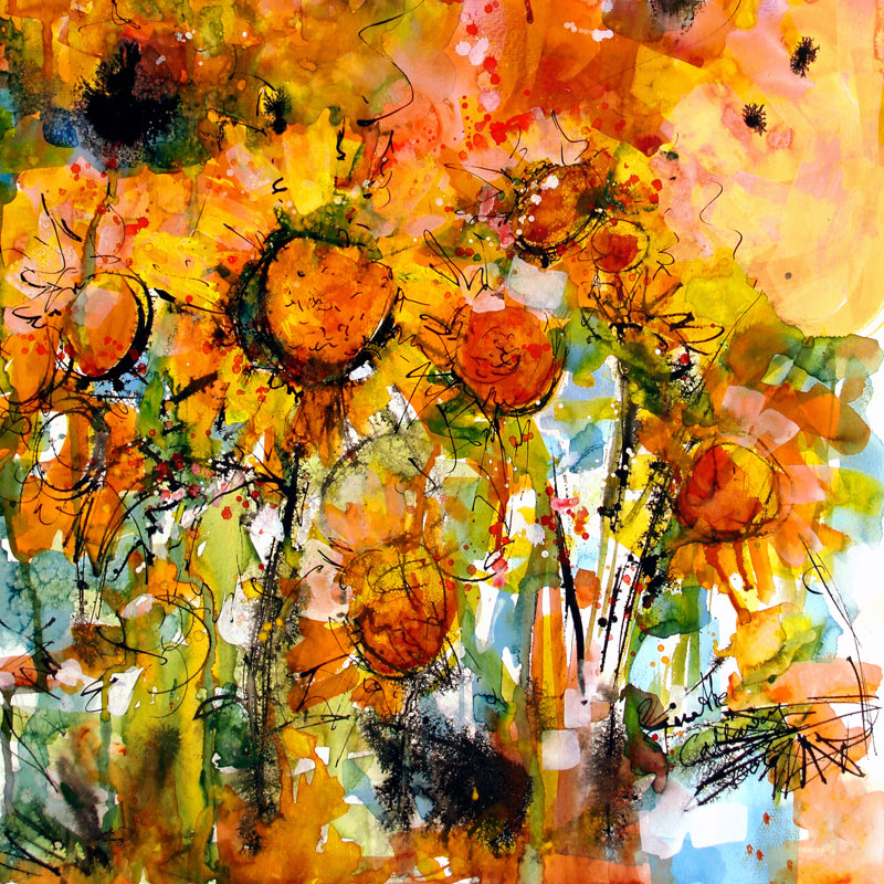 Marthe Ginette, beaux-arts abstraits tournesols - impression sur toile tendue, H 30 po x l 30 po, Encadrement argenté, Non