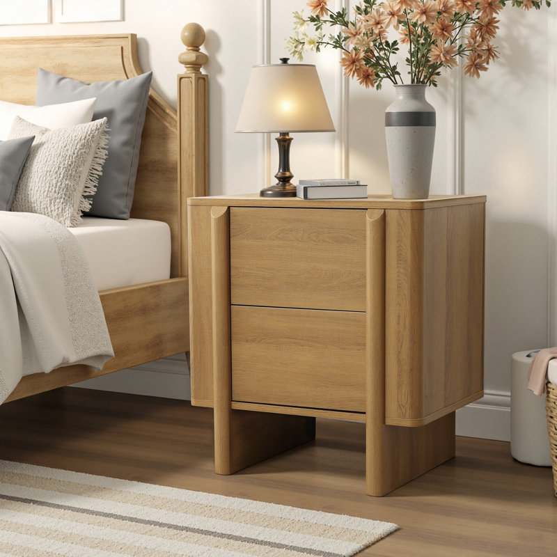 23.5" H Mid Century Modern Oak Nightstand with Drawers, Wood Bedside Table