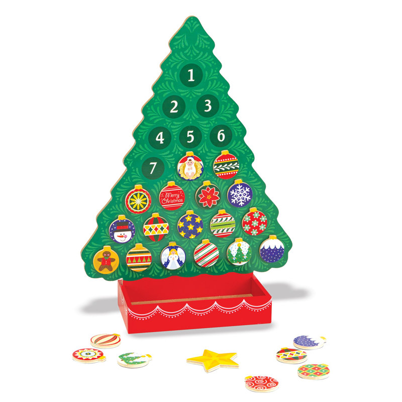 Green Wooden Christmas Tree Advent Calendar with Magnetic Ornaments