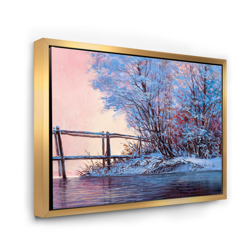Paysage d'hiver avec pont de la rivière Méandre - reproduction sur toile, H 16 po x l 32 po x p 1 po, Toile encadrée d'or