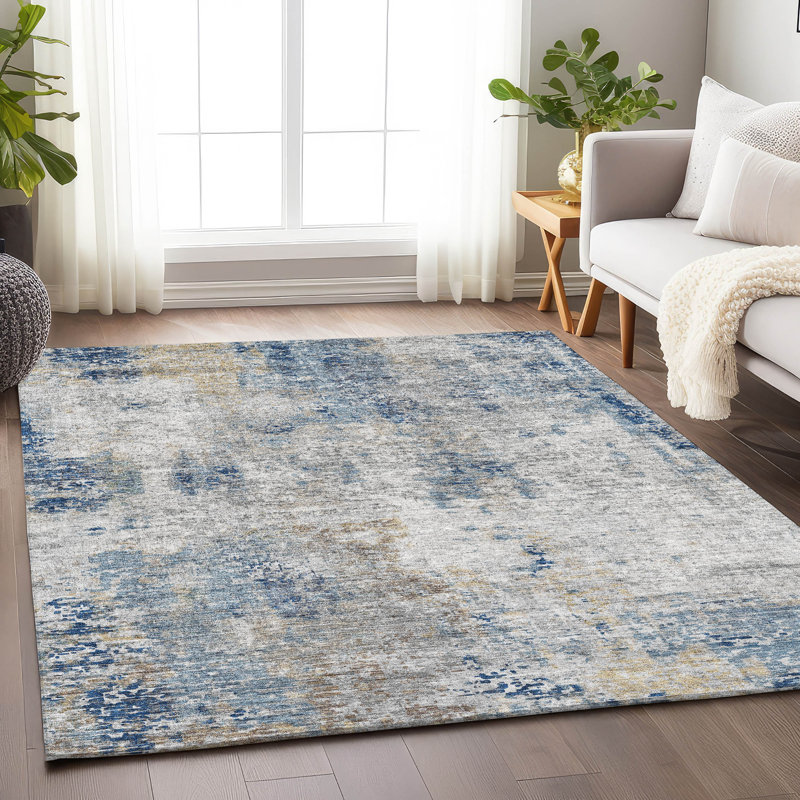 Premium Machine Washable Prisco Blue Rug, Rectangle 3' x 5'