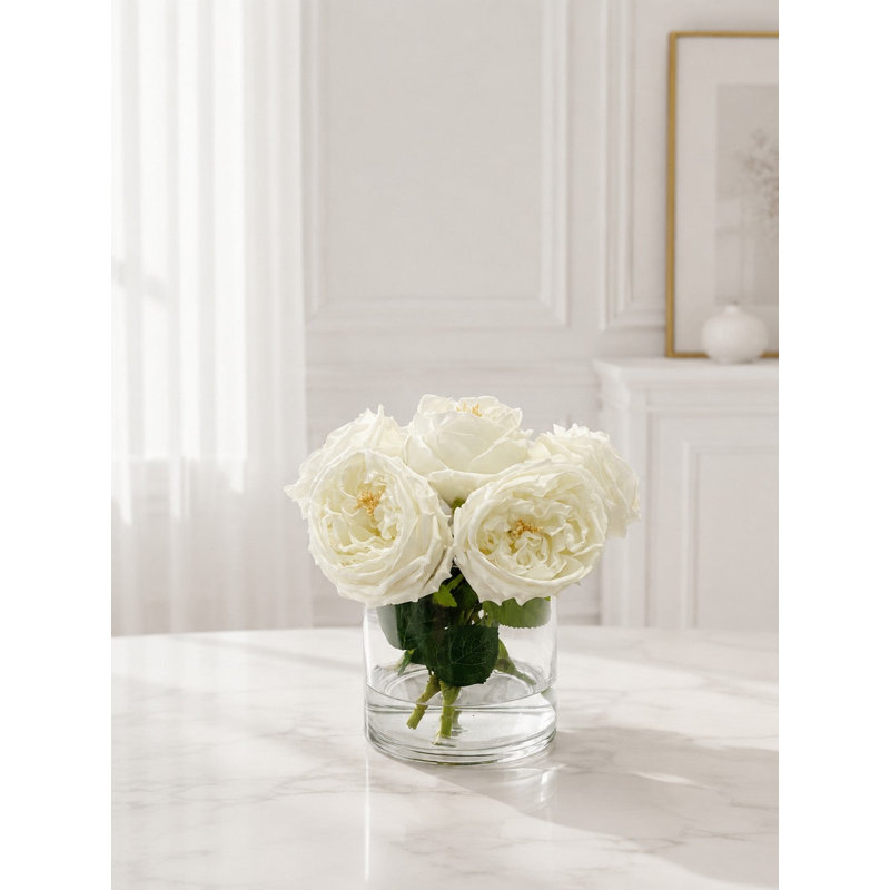 Centre de table Real Touch Austin Rose dans un vase cylindrique en verre, White