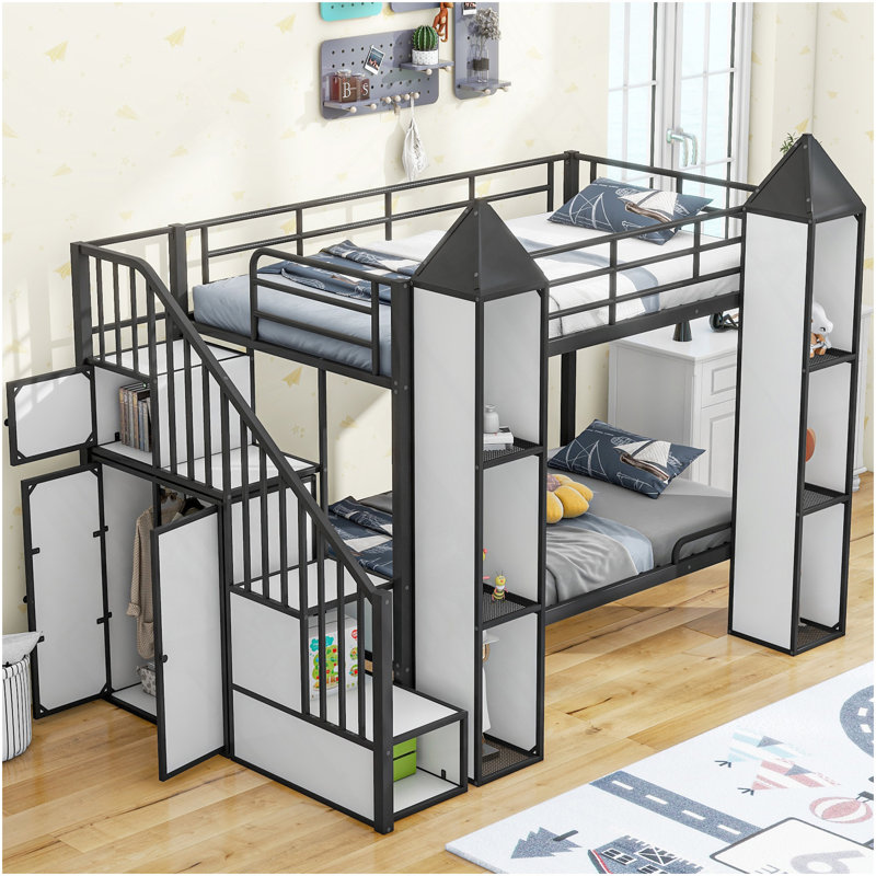 Lit superposé simple en métal en forme de château avec garde-robe et multiples rangements, gris et blanc, Blanc / Gris