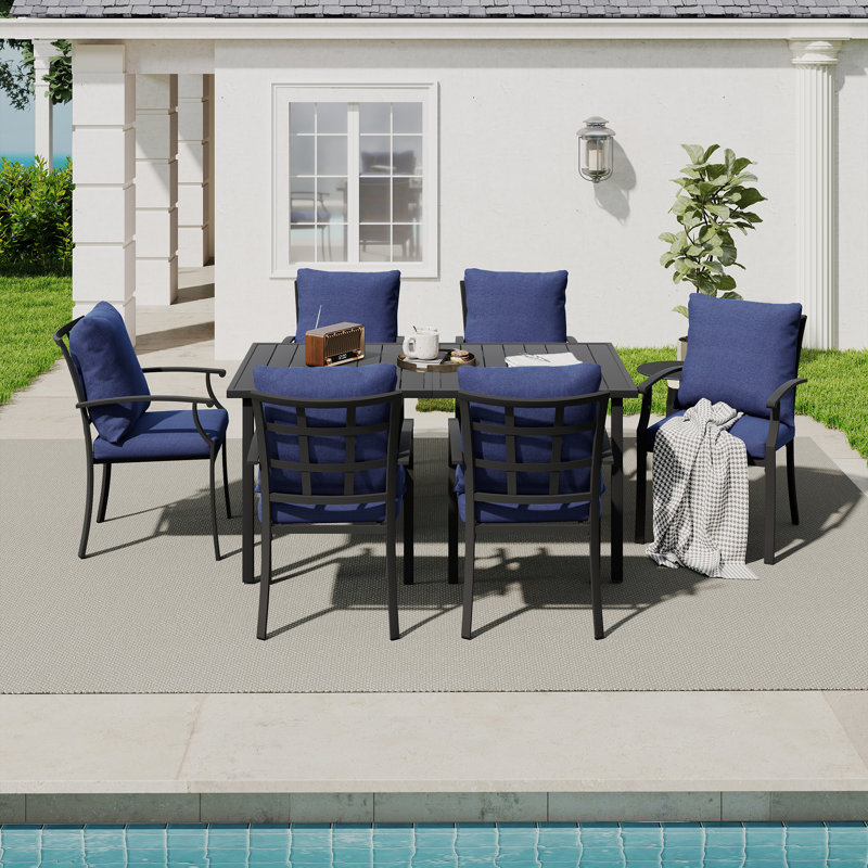Maynard 7-Piece Black Metal Patio Dining Set With Rectangular Table And Blue Cushions, Blue