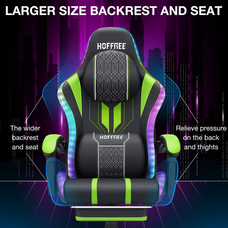 Inbox Zero Ergonomic Gaming Chair with Speakers RGB LED Lights and Massage, Green