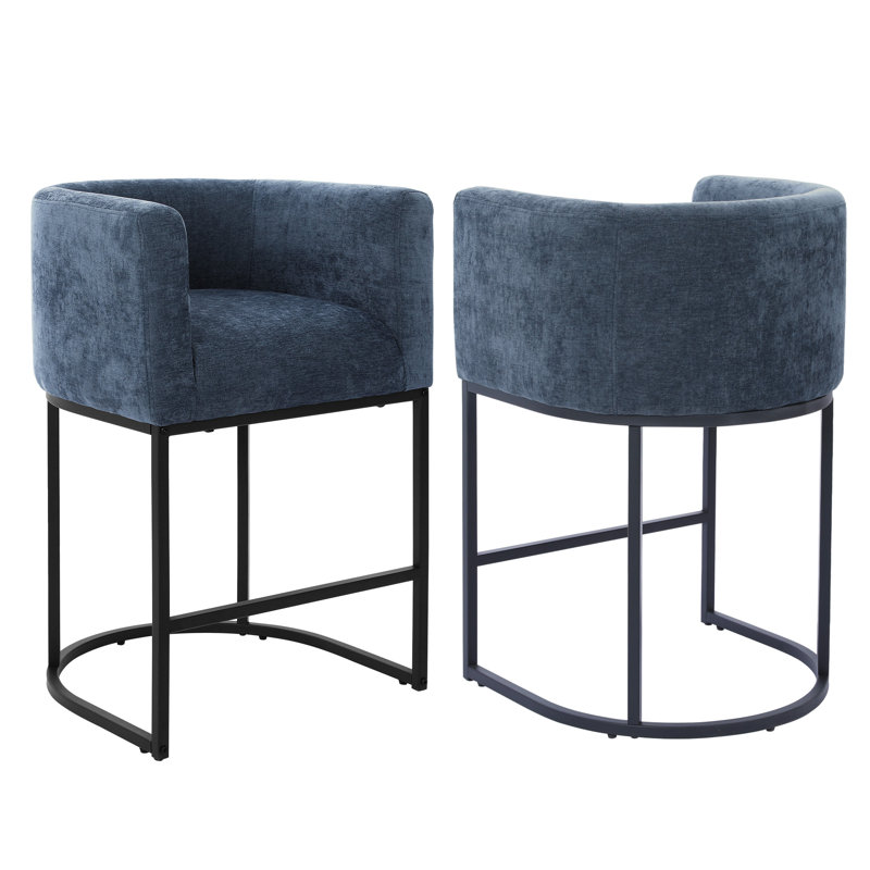 Upholstered Barrel Counter Stool, Blue, Black