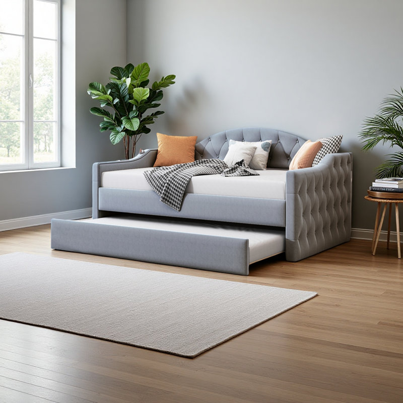 Twin Size Tufted Upholstered Daybed With Trundle, Gray