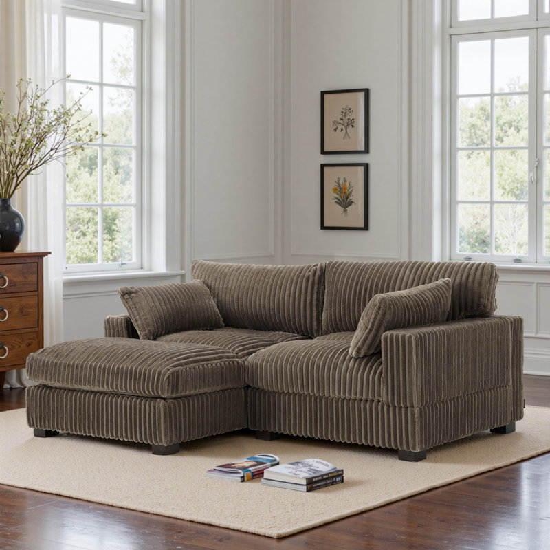 2 - Piece Upholstered Light Brown Faux Rabbit Fur Flannel Reversible Modular Sofa Living Room Sectional Couch with Pillows